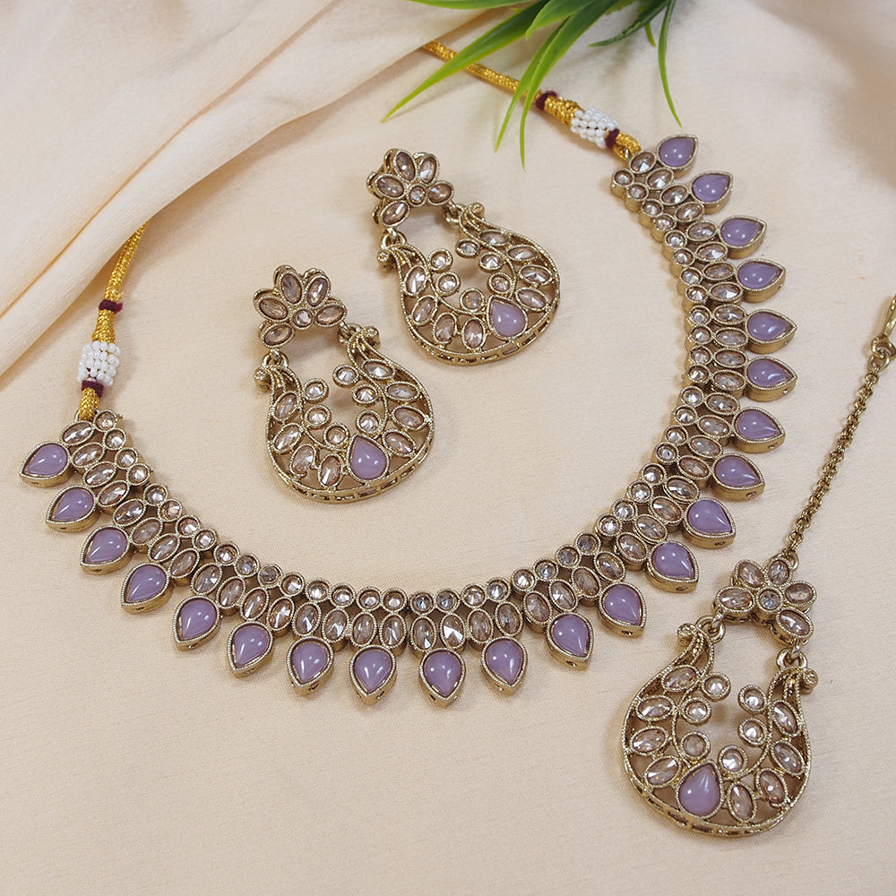 LALSO Champaigne Gold Antique Gold plated AD/Zircon Work Necklace Jewelry Set With Maangtika