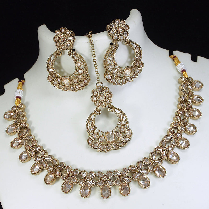 LALSO Champaigne Gold Antique Gold plated AD/Zircon Work Necklace Jewelry Set With Maangtika