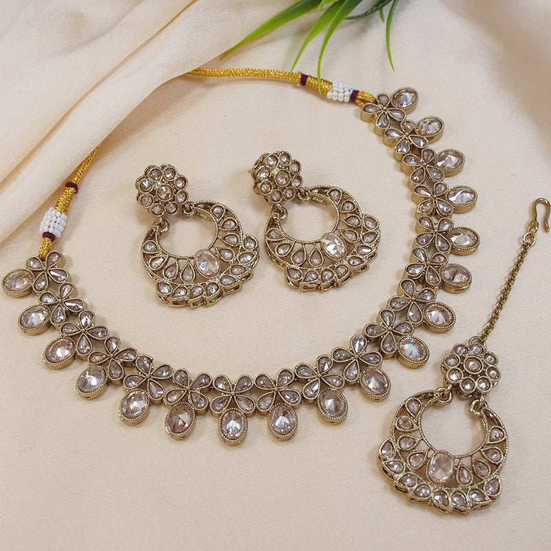 LALSO Champaigne Gold Antique Gold plated AD/Zircon Work Necklace Jewelry Set With Maangtika