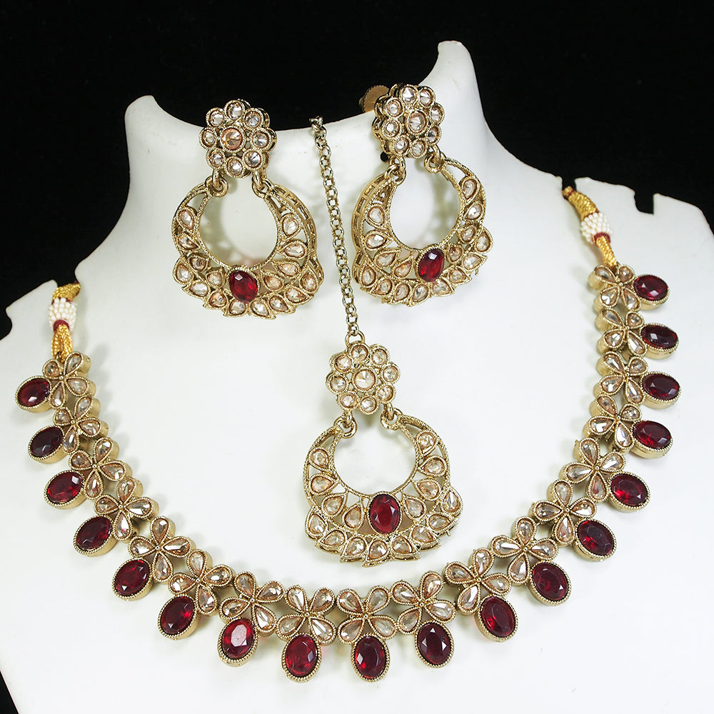LALSO Champaigne Gold Antique Gold plated AD/Zircon Work Necklace Jewelry Set With Maangtika