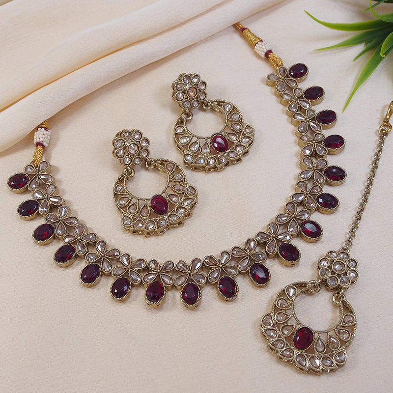 LALSO Champaigne Gold Antique Gold plated AD/Zircon Work Necklace Jewelry Set With Maangtika