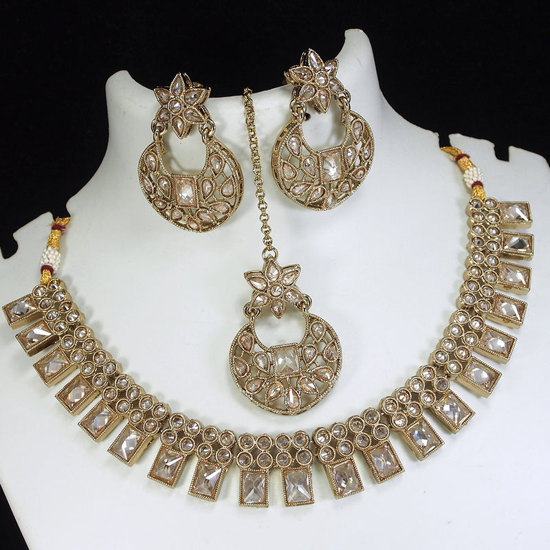 LALSO Champaigne Gold Antique Gold plated AD/Zircon Work Necklace Jewelry Set With Maangtika