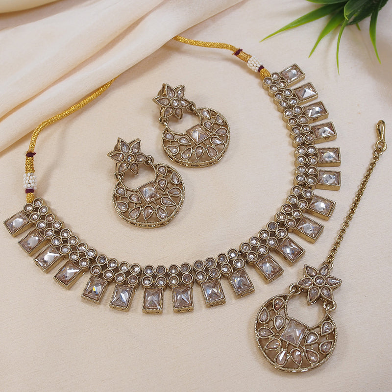 LALSO Champaigne Gold Antique Gold plated AD/Zircon Work Necklace Jewelry Set With Maangtika