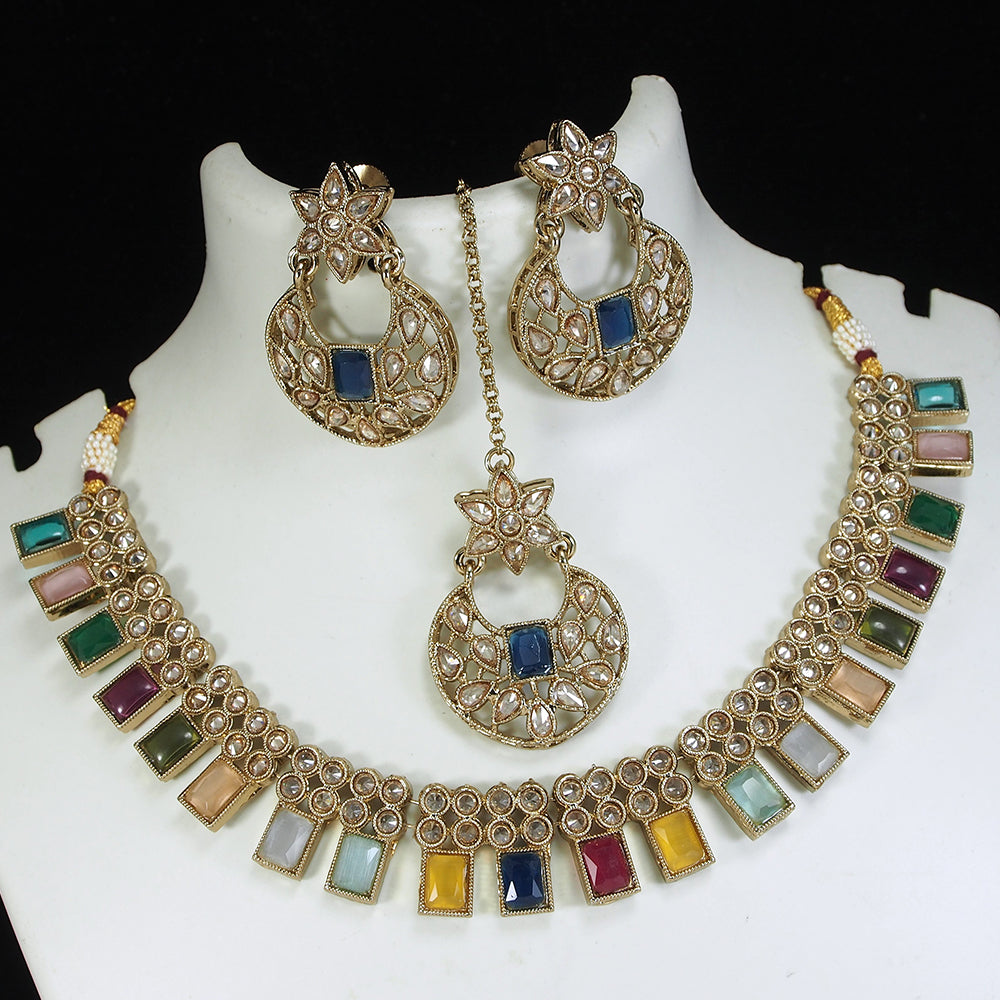 LALSO Champaigne Gold Antique Gold plated AD/Zircon Work Necklace Jewelry Set With Maangtika