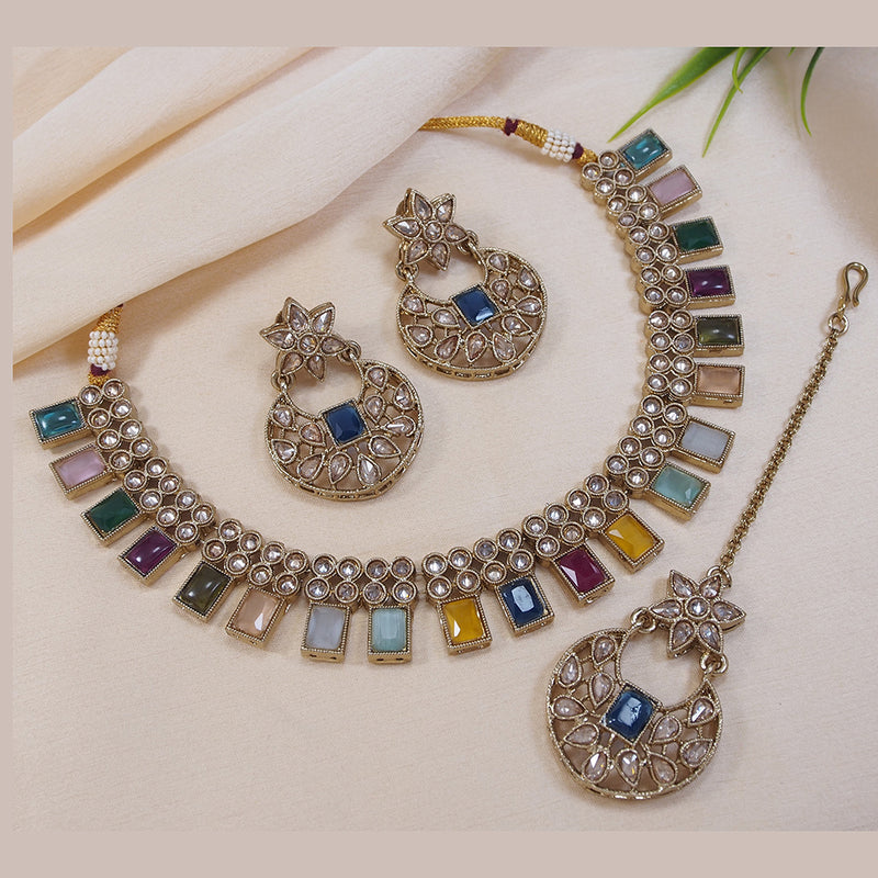 LALSO Champaigne Gold Antique Gold plated AD/Zircon Work Necklace Jewelry Set With Maangtika