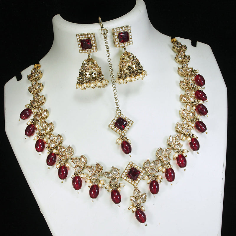 LALSO Marvelous Gold plated Zircon Work Necklace Jewelry Set With Maangtika