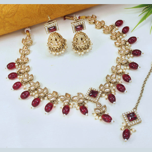LALSO Marvelous Gold plated Zircon Work Necklace Jewelry Set With Maangtika