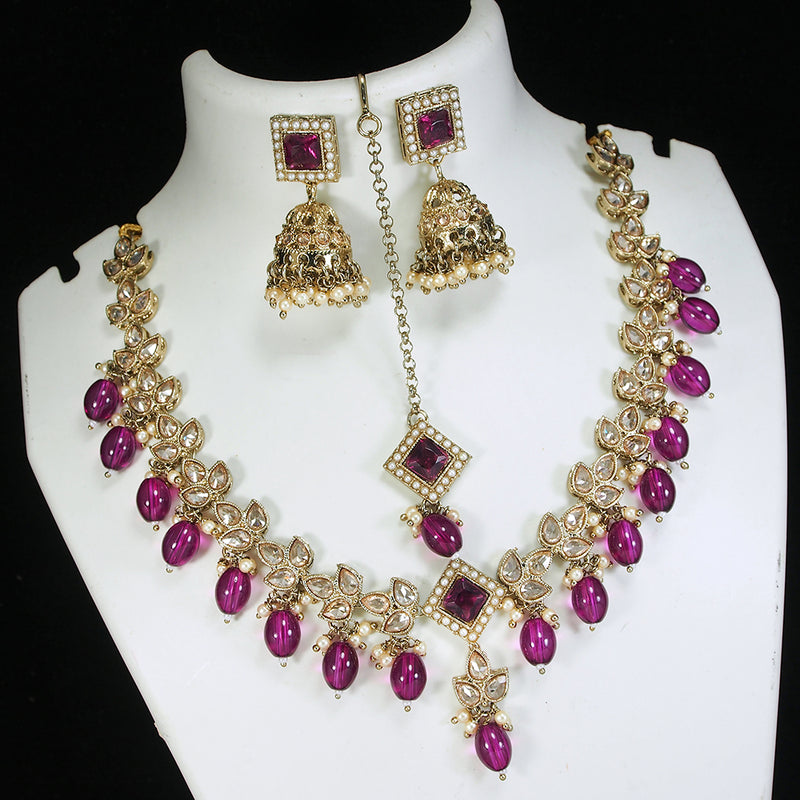 LALSO Marvelous Gold plated Zircon Work Necklace Jewelry Set With Maangtika