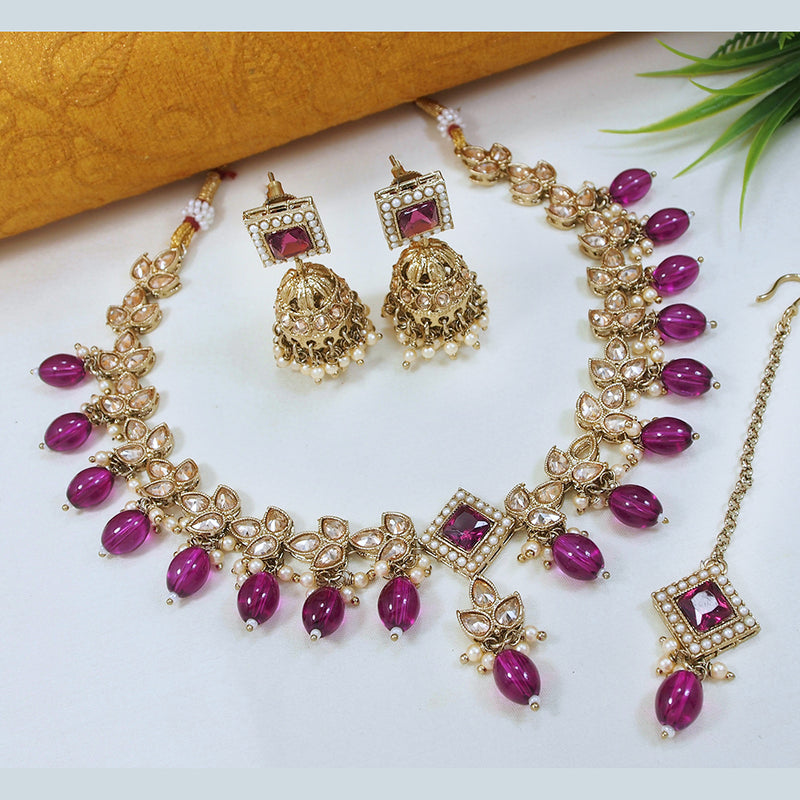 LALSO Marvelous Gold plated Zircon Work Necklace Jewelry Set With Maangtika