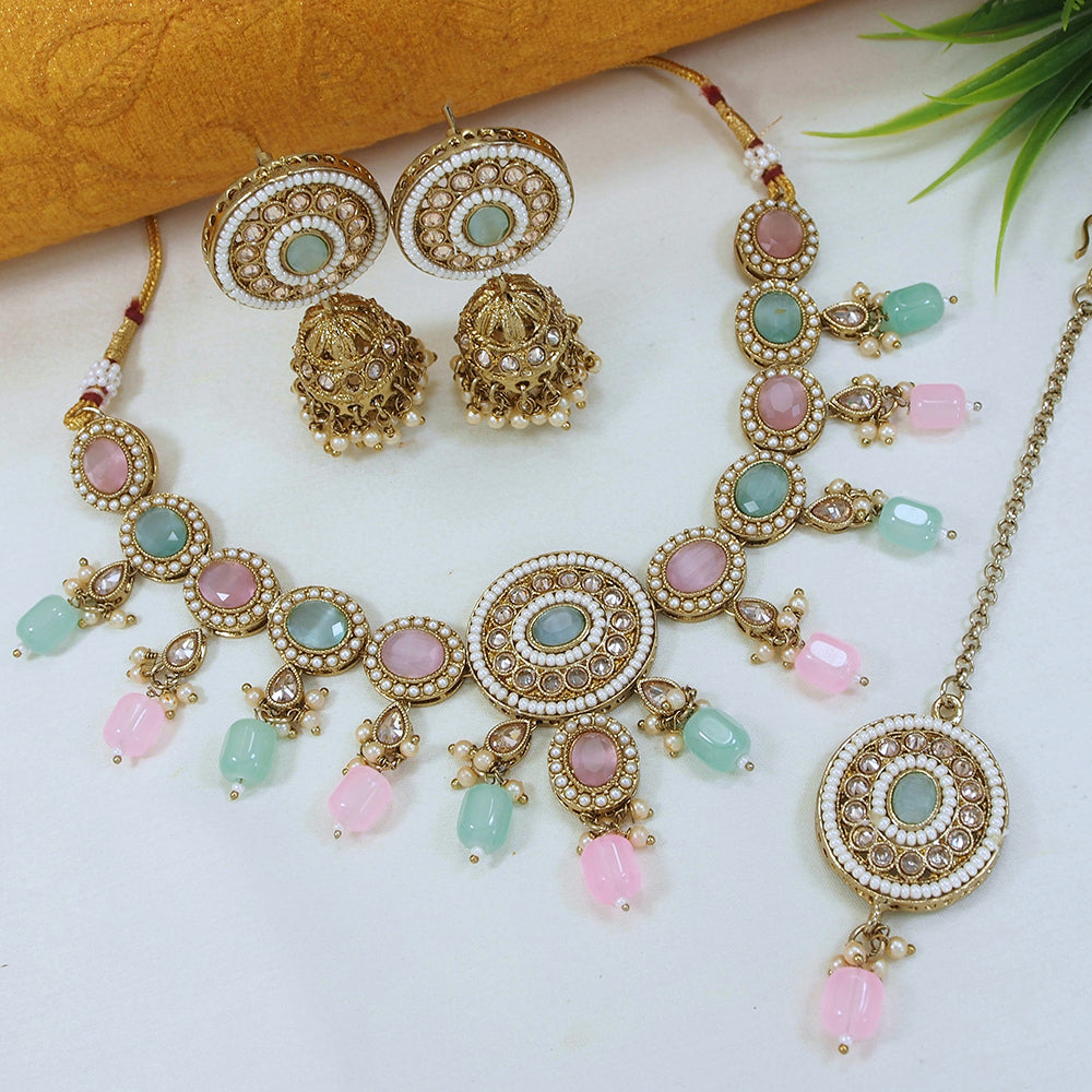 LALSO Designer Gold plated Zircon Work Necklace Jewelry Set With Maangtika