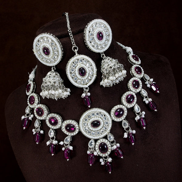 LALSO Marvelous Silver plated Zircon Work Necklace Jewelry Set With Maangtika