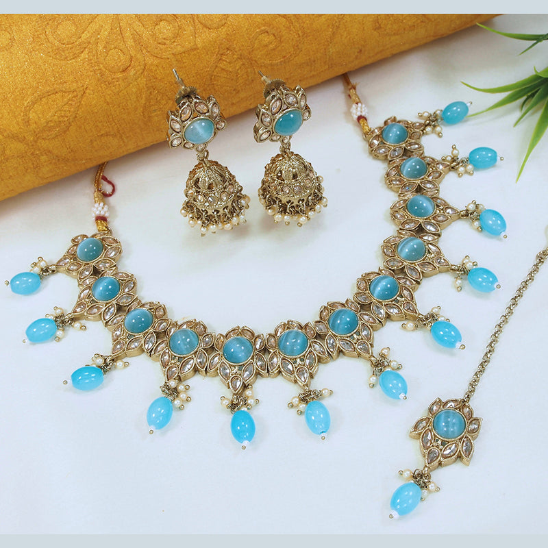 LALSO Designer Gold plated Zircon Work Necklace Jewelry Set With Maangtika