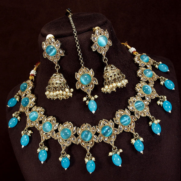 LALSO Designer Gold plated Zircon Work Necklace Jewelry Set With Maangtika