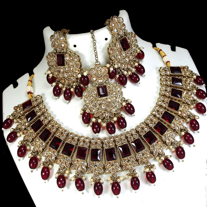 LALSO Gold plated Zircon Work Necklace Jewelry Set With Maangtika