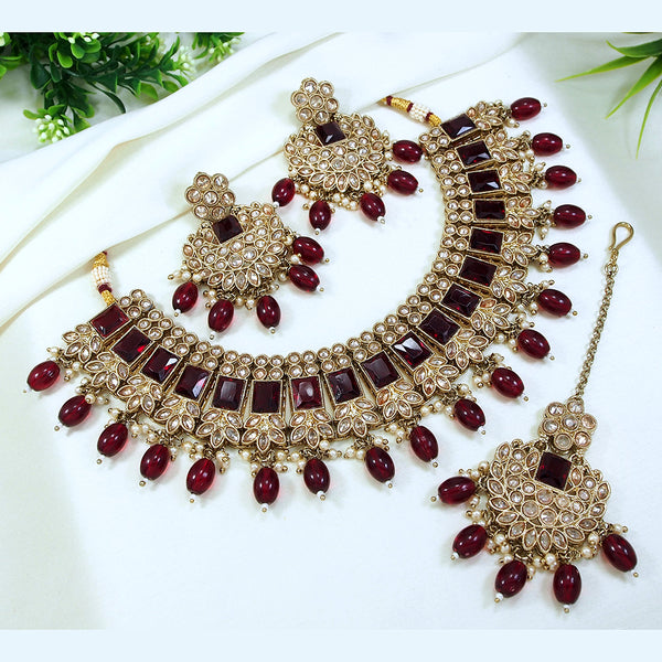 LALSO Gold plated Zircon Work Necklace Jewelry Set With Maangtika