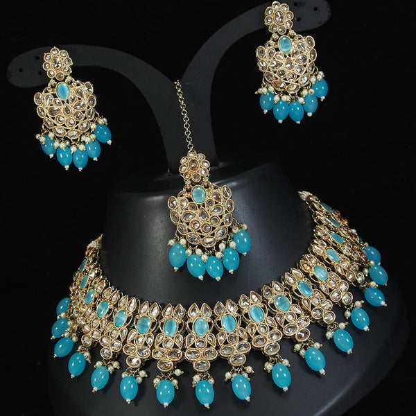 LALSO Stunning Gold plated Zircon Work Necklace Jewelry Set With Maangtika