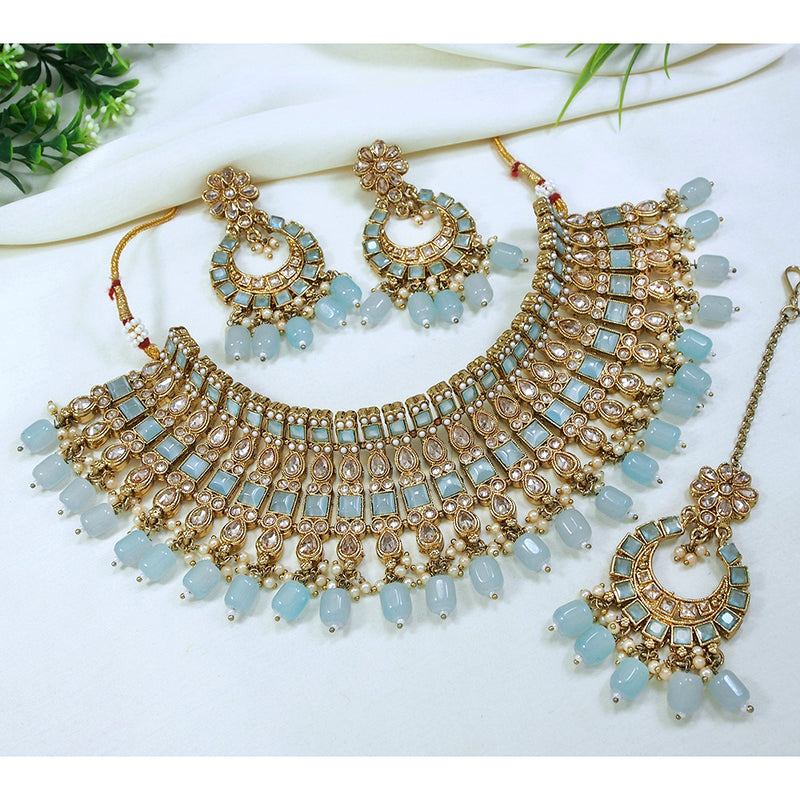LALSO Gold Plated  Zircon Work Bridal Jewelry Choker Necklace Jewelry Set With Maangtika