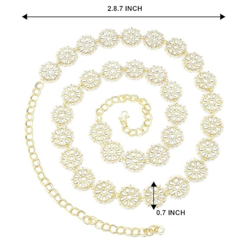 Etnico Gold Plated Traditional Floral Design Kundan & Pearl Adjustable Kamarband/Belly Chain/Wait Belt For Women (B042W)