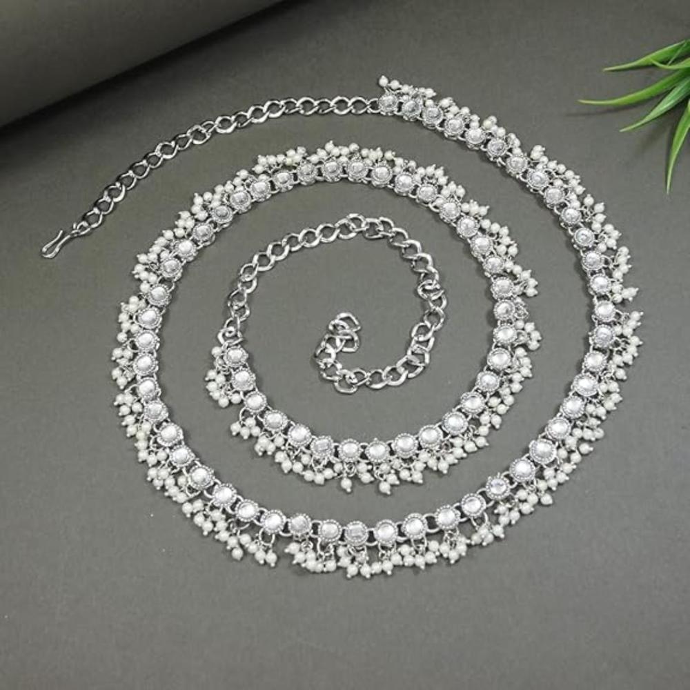 Etnico Silver Plated Traditional Kundan & Pearl Adjustable Waist Chain/Belly Chain/Kamarband For Women (B053S)