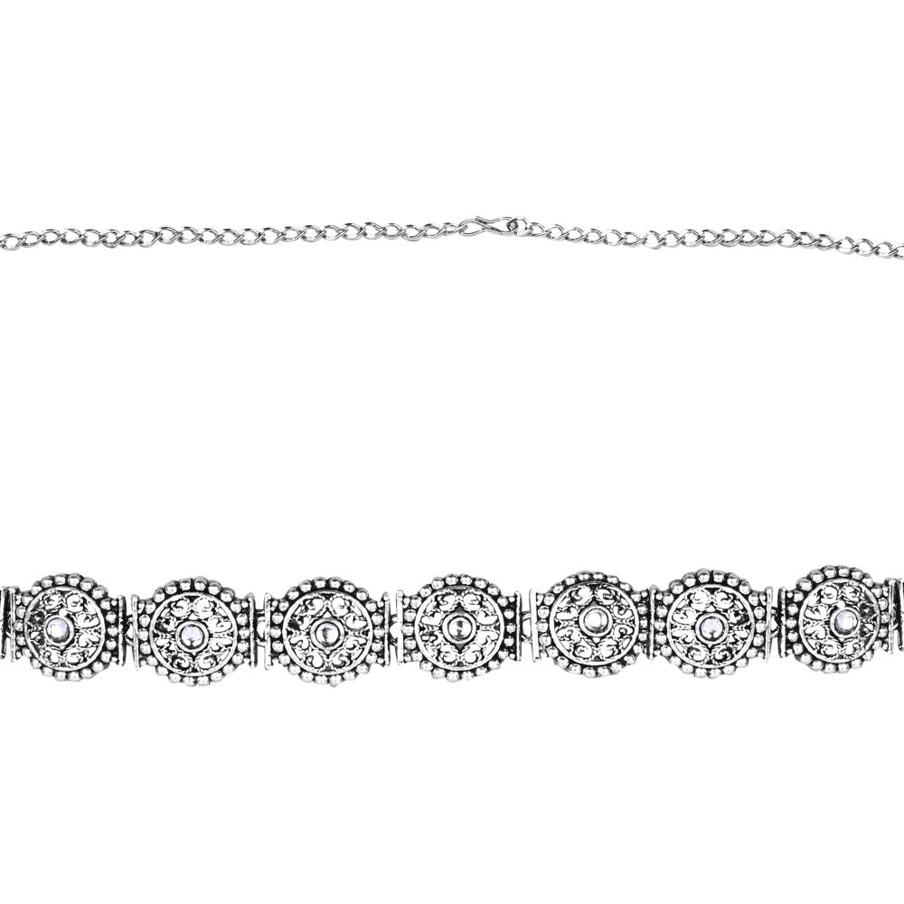 Etnico Navratri Ethnic Silver Oxidised Adjustable Boho Floral Design Waist Chain/Belly Chain/Kamarband For Women (B057S)