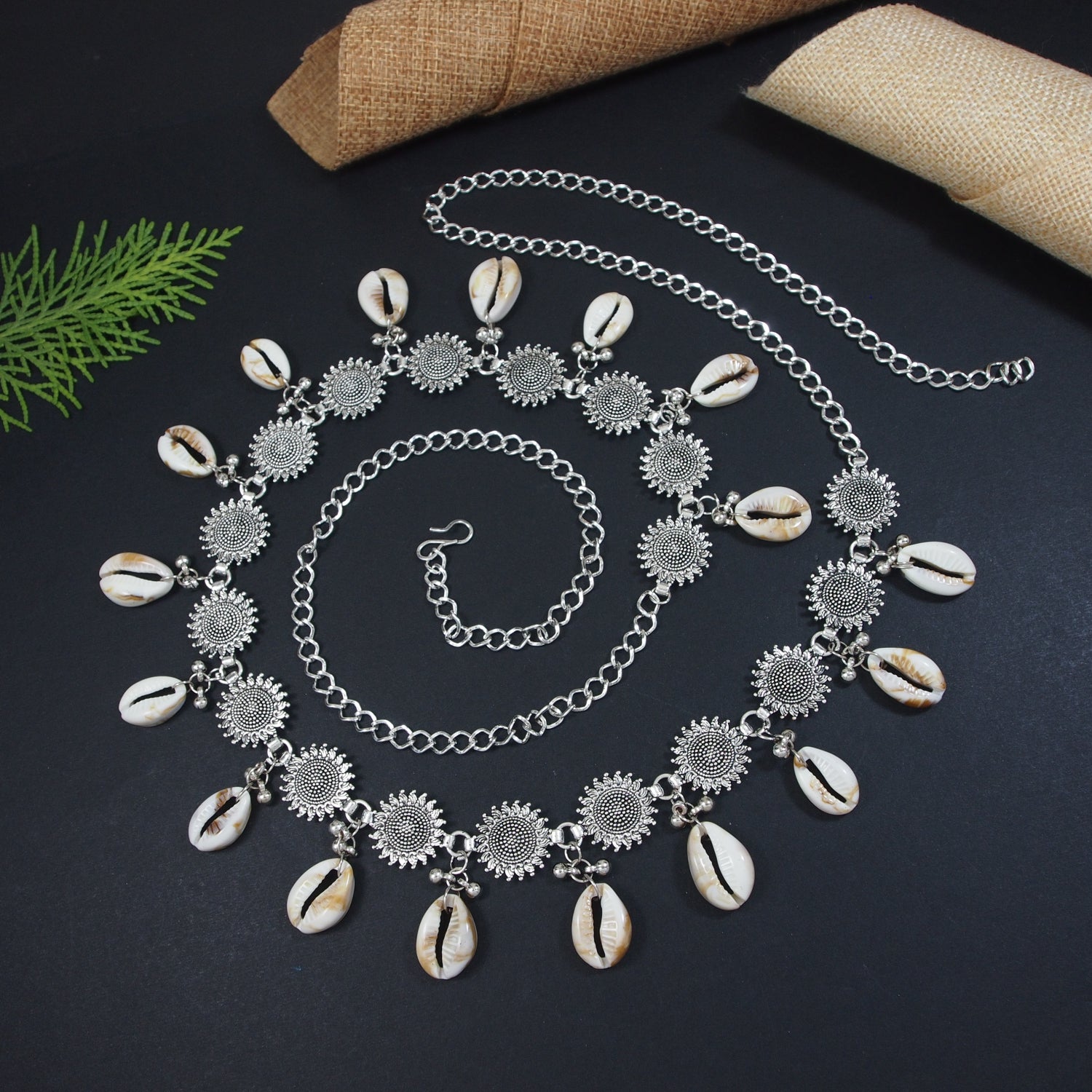 Etnico Navratri Eathnic Silver Oxidised Floral Design Handcrafted With Shell and Ghungroo Adjustable Kamarband/Belly Chain For Women (B060S)