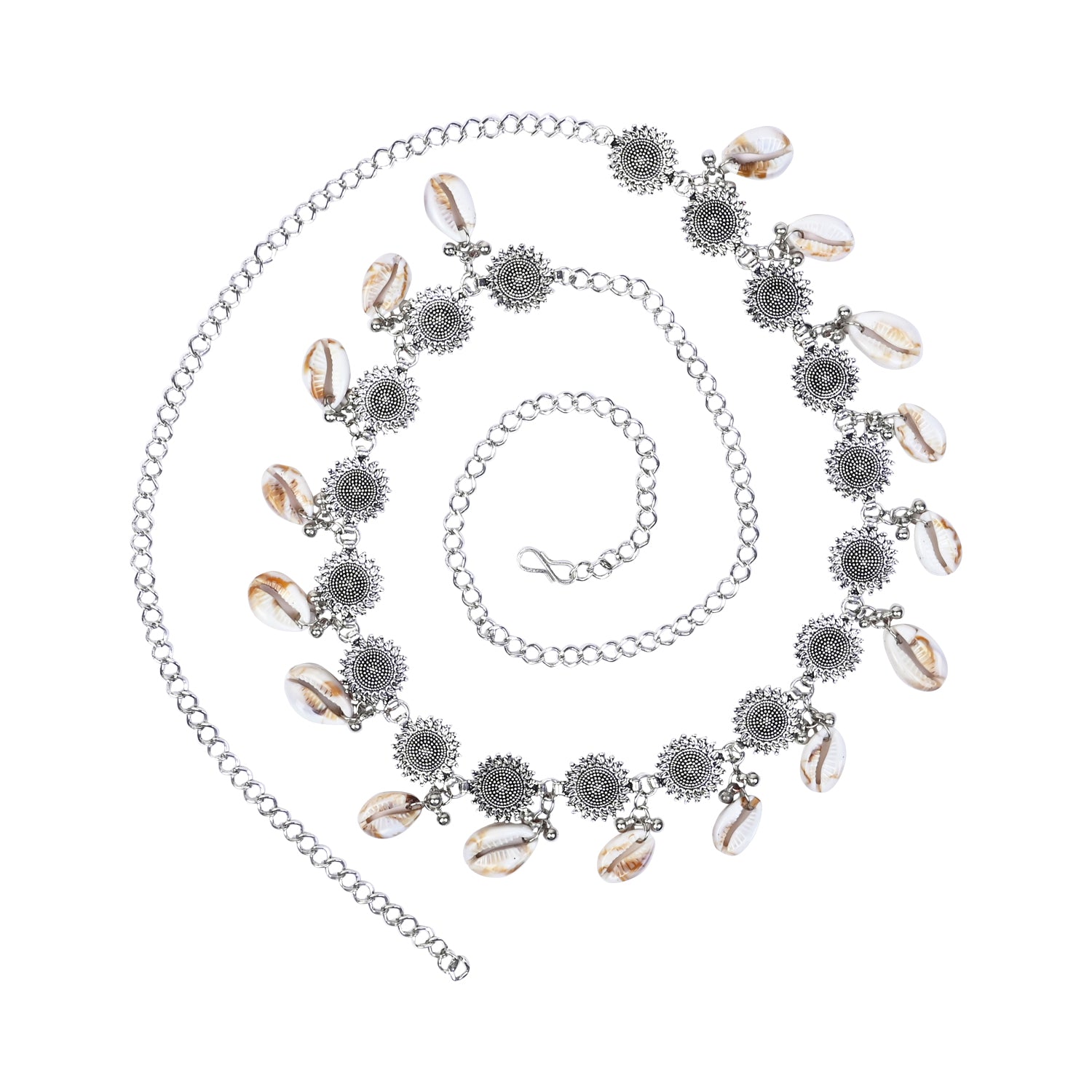 Etnico Navratri Eathnic Silver Oxidised Floral Design Handcrafted With Shell and Ghungroo Adjustable Kamarband/Belly Chain For Women (B060S)