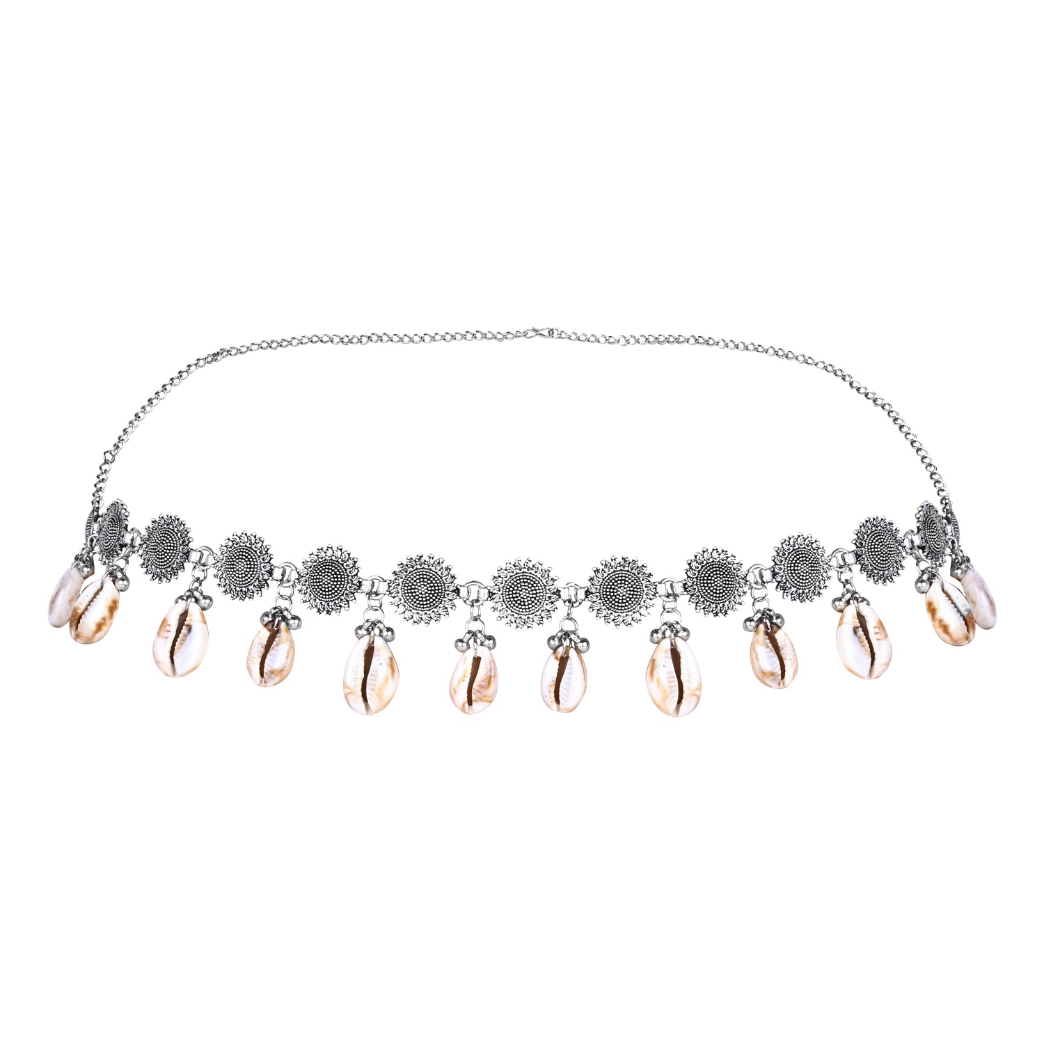 Etnico Navratri Eathnic Silver Oxidised Floral Design Handcrafted With Shell and Ghungroo Adjustable Kamarband/Belly Chain For Women (B060S)