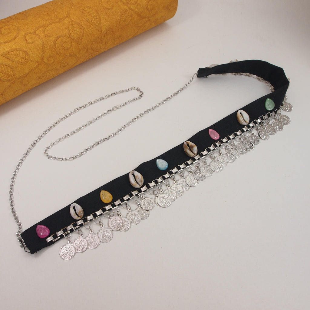 Etnico Navratri Silver Oxidised Traditional Cowrie Shell & Coin Adjustable kamarband/Belly Chain/hip chain/Wait chain For Women (B072S)
