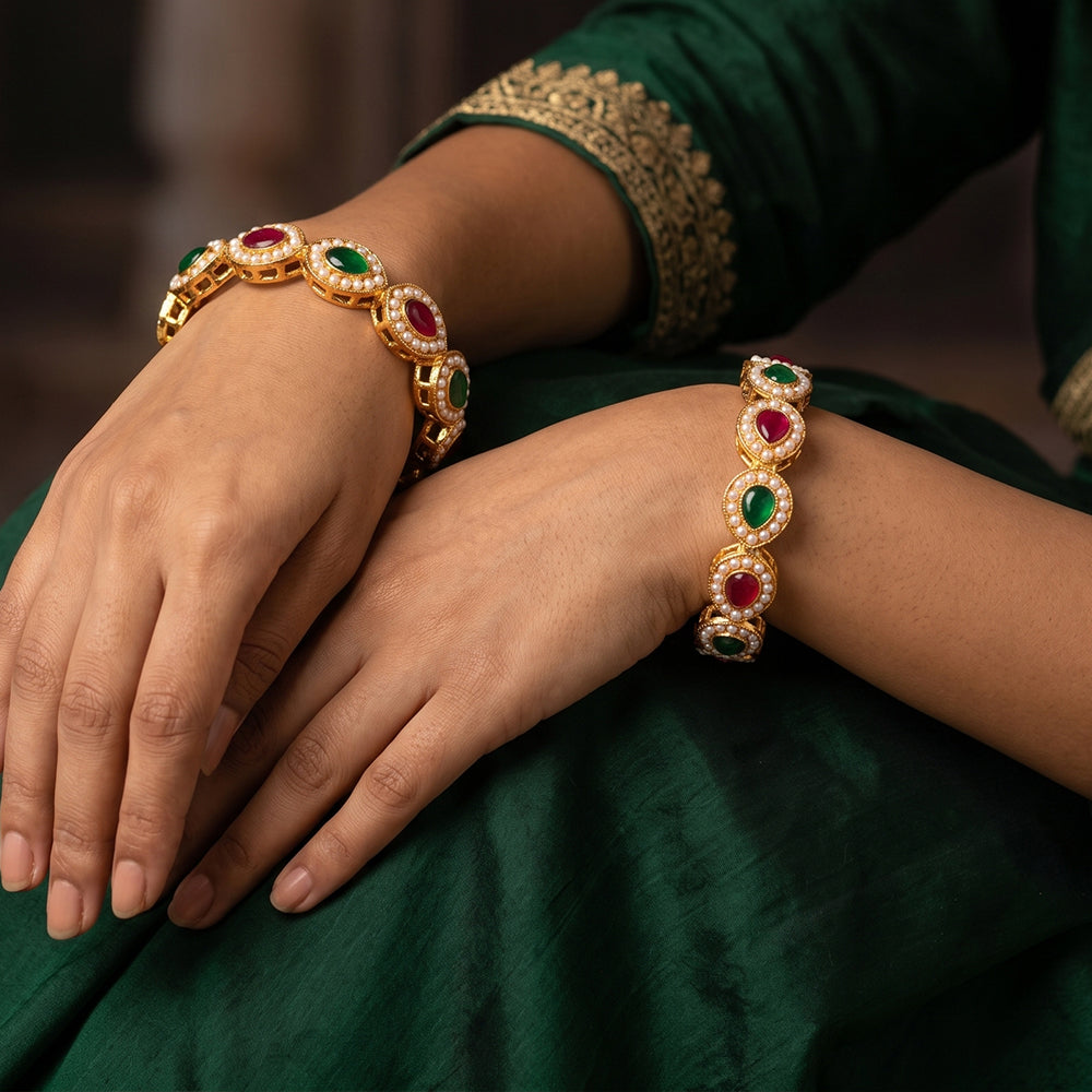 Js Fashion  Full Stone High Gold Polish Fancy Style 2 Bangles Set