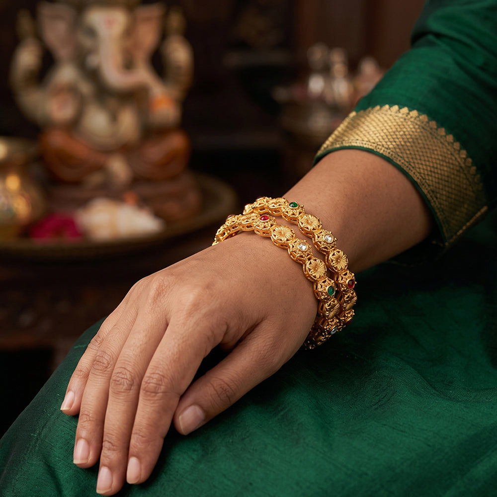 Js Fashion  Designer High Gold Bangles with Floral Carving Design