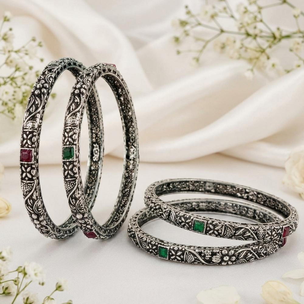 Js Fashion  Antique Oxidized Silver Fancy with Stone Work Set of 4 Bangles for Women