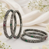 Js Fashion  Antique Oxidized Silver Fancy with Stone Work Set of 4 Bangles for Women