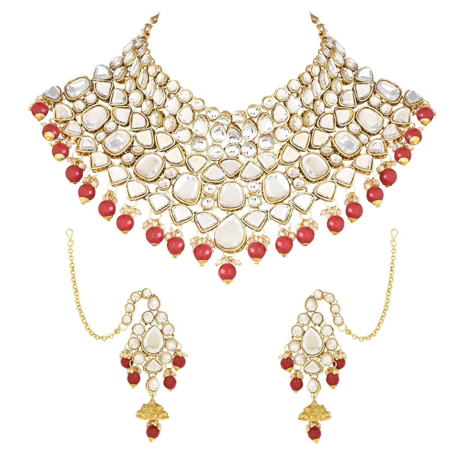 Etnico Wedding Collection Traditional Ethnic Gold Plated Pearl & Kundan Stone Work Bridal Jewellery Set For Women