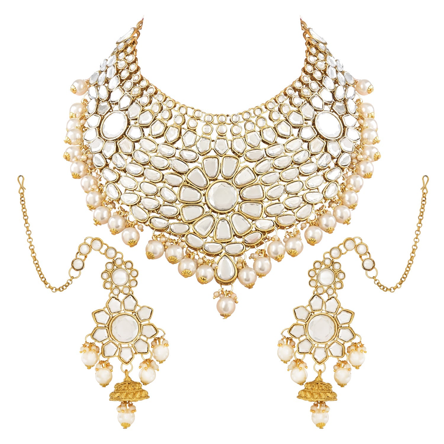 Etnico Wedding Collection Traditional Ethnic Gold Plated Pearl & Kundan Stone Work Bridal Jewellery Set For Women