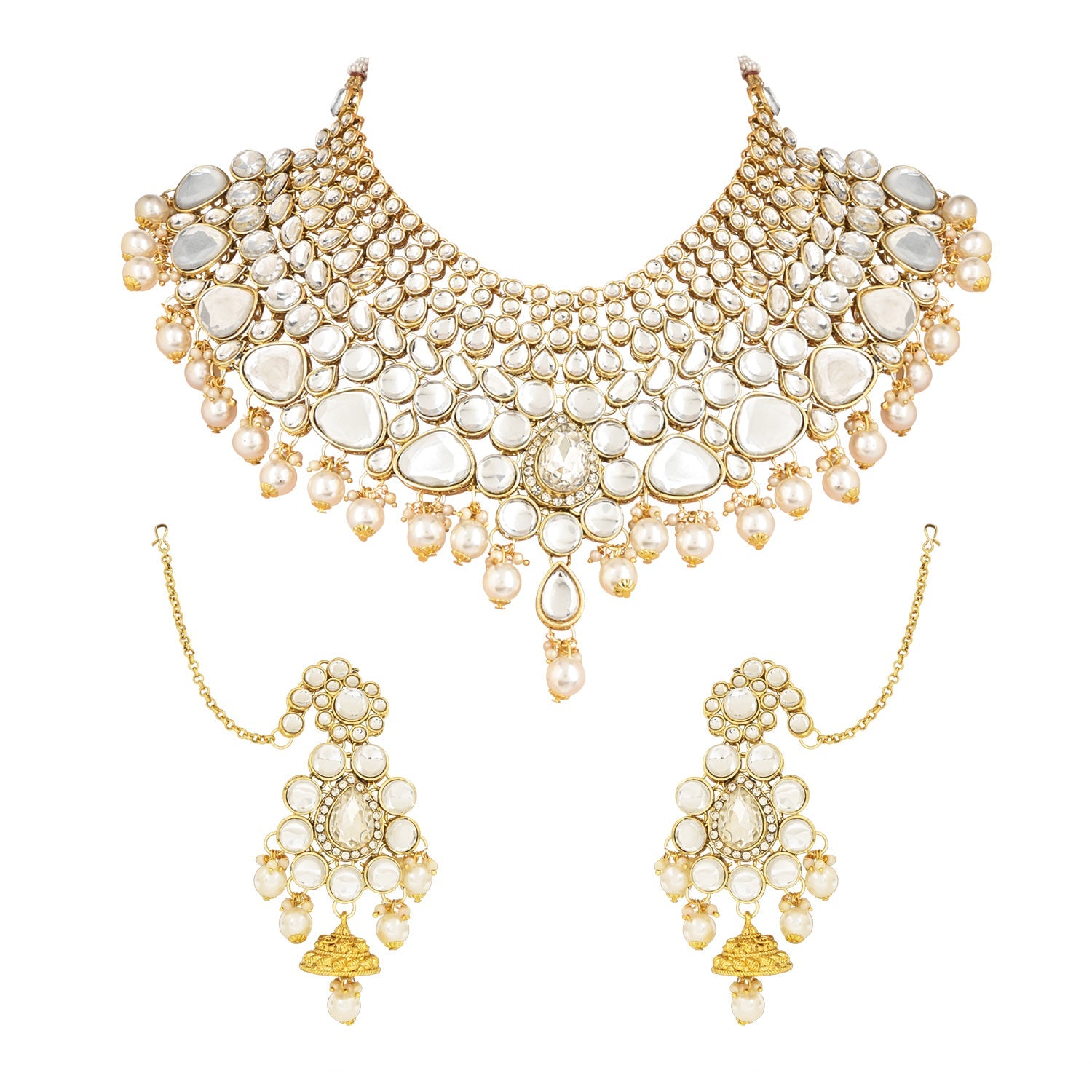 Etnico Wedding Collection Traditional Ethnic Gold Plated Pearl & Kundan Stone Work Bridal Jewellery Set For Women