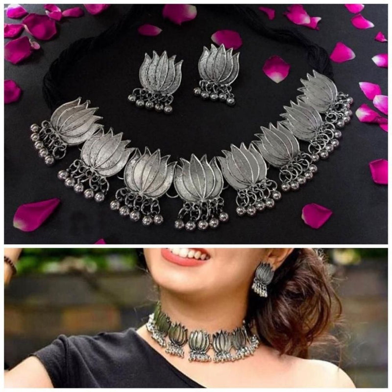 Darshana Jewels Oxidised Plated Lotus Design Choker Necklace Set