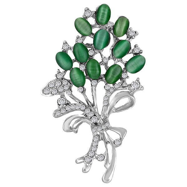 Mahi Green and White Crystals Opal Wheat Flower Bouquet Dress Scarf Brooch / Saree Pin for Women (BP1101122RGre)