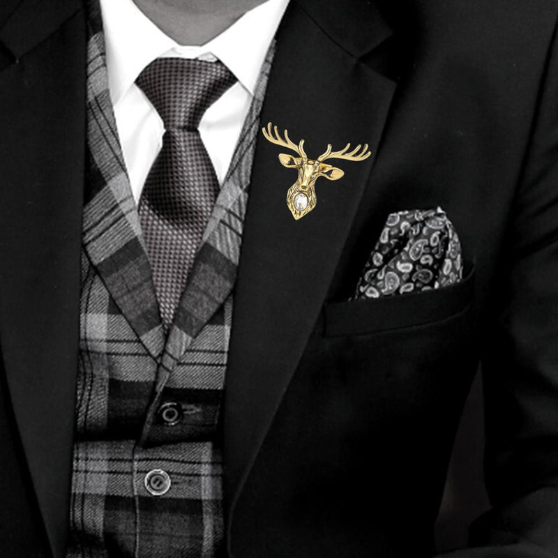 Mahi Gold Plated Classic Deer-Shaped Wedding Lapel Pin / Brooch with Crystal for Men (BP1101132GWhi)