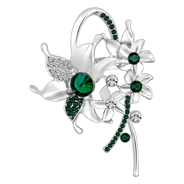 Mahi Rhodium Plated Green and White Crystals Cute Deer-Shaped Saree Pin / Wedding Brooch for Women (BP1101134RGre)