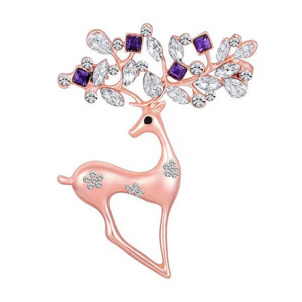 Mahi Rosegold Plated Purple and White Crystals Cute Deer-Shaped Saree Pin / Wedding Brooch for Women (BP1101135ZPur)