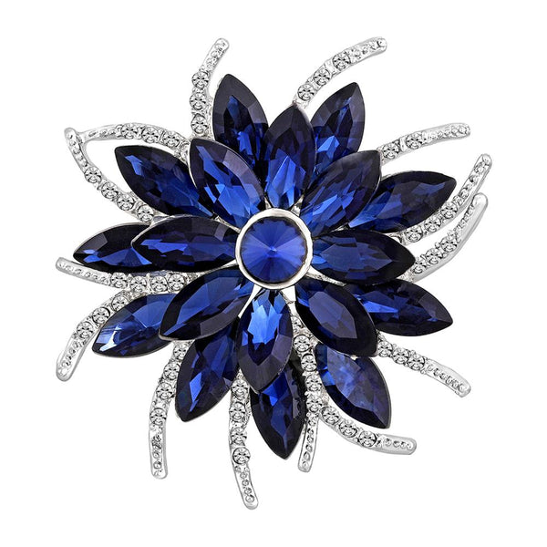 Mahi Rhodium Plated Floral Design Sapphire Blue and White Crystals Studded Saree Pin / Wedding Brooch for Women (BP1101140RBlu)