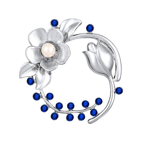 Mahi Rhodium Plated Floral Shaped Crystal Studded Saree Pin / Wedding Brooch for Women (BP1101142RBlu)
