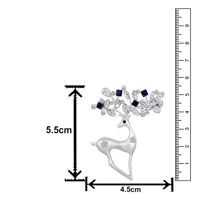 Mahi Rhodium Plated Montana Blue and White Crystals Cute Deer-Shaped Saree Pin / Wedding Brooch for Women (BP1101146RMBlu)