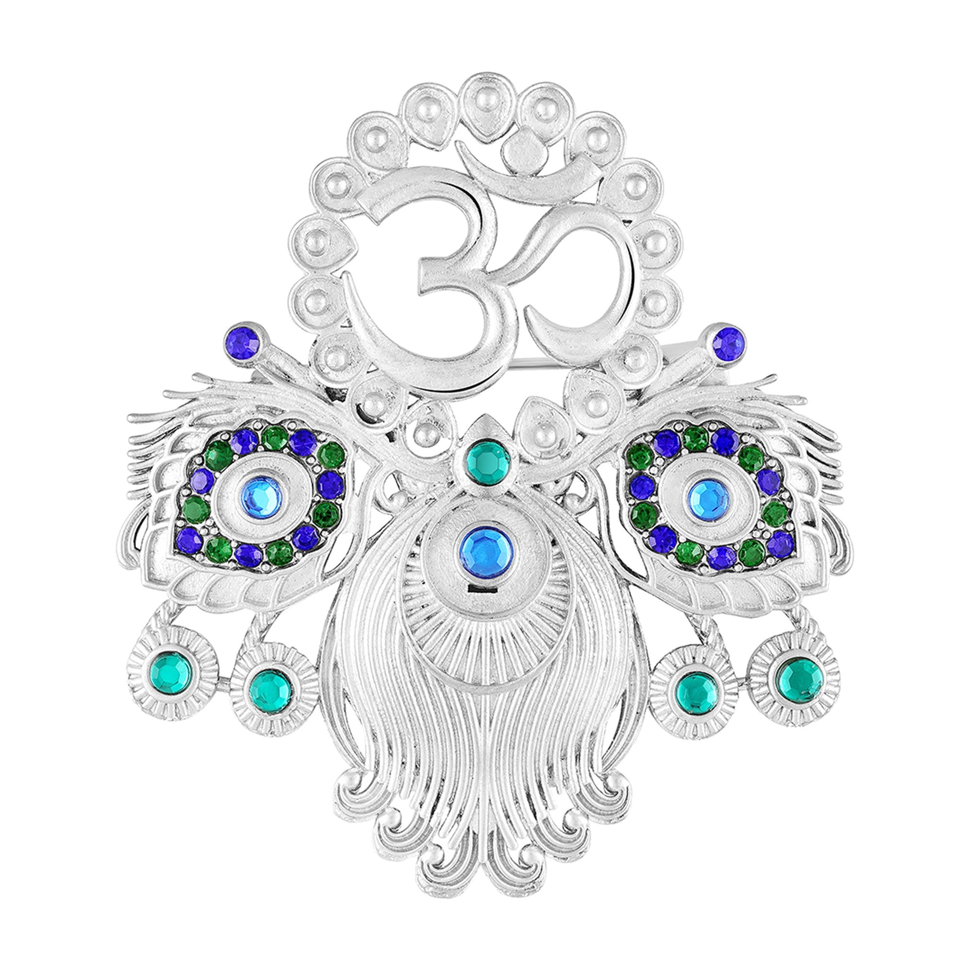 Mahi Om & Peacock-Feather-Shaped Rhodium Plated Crystal Studded Brooch Pin for Men (BP1101238R)