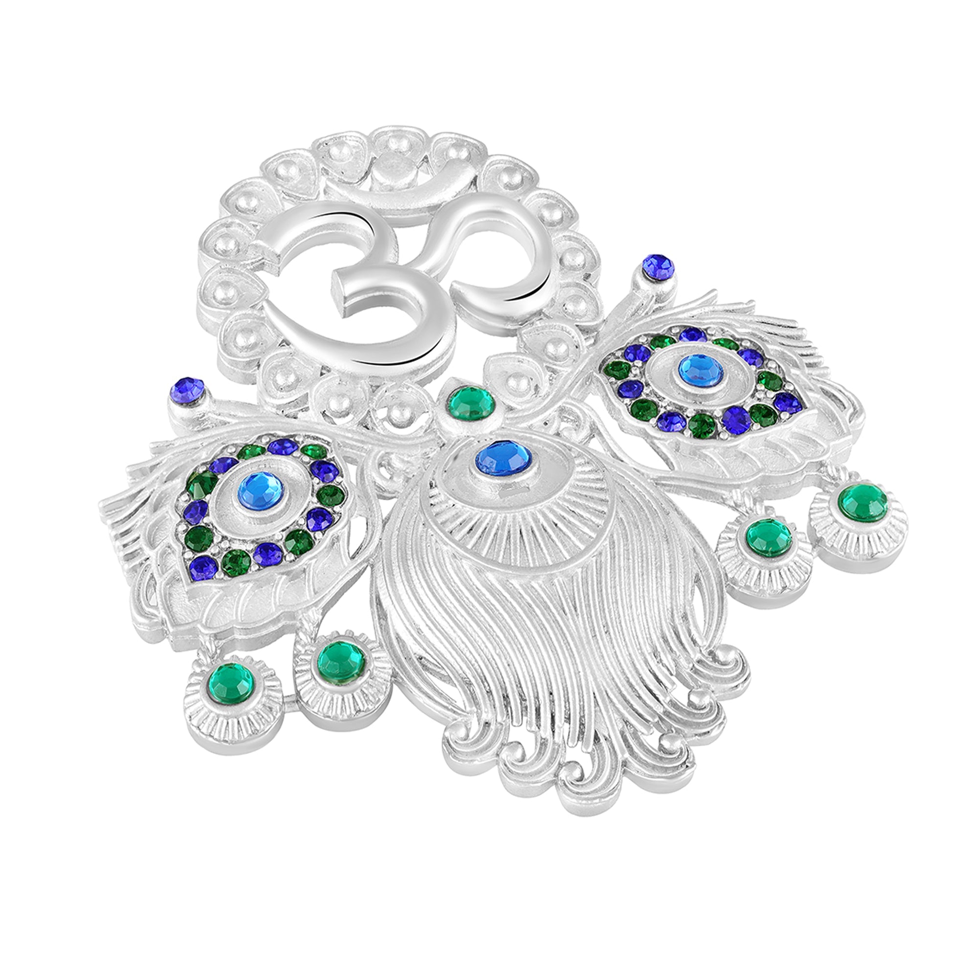 Mahi Om & Peacock-Feather-Shaped Rhodium Plated Crystal Studded Brooch Pin for Men (BP1101238R)