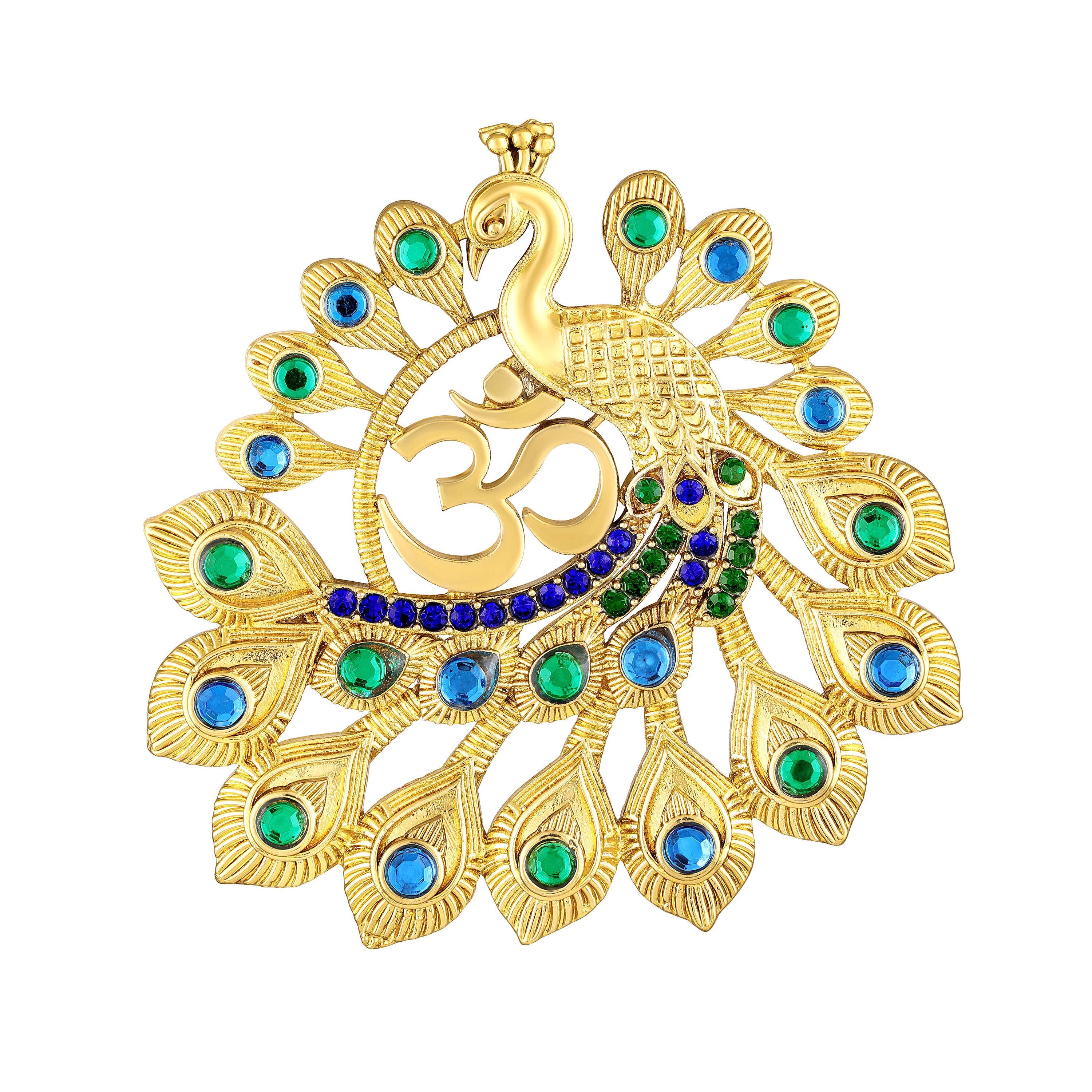 Mahi Om Peacock-Shaped Gold Plated Designer Brooch for Men & Women | Spiritual Peacock-Theme Pin with Blue & Green Crystals (BP1101239G)