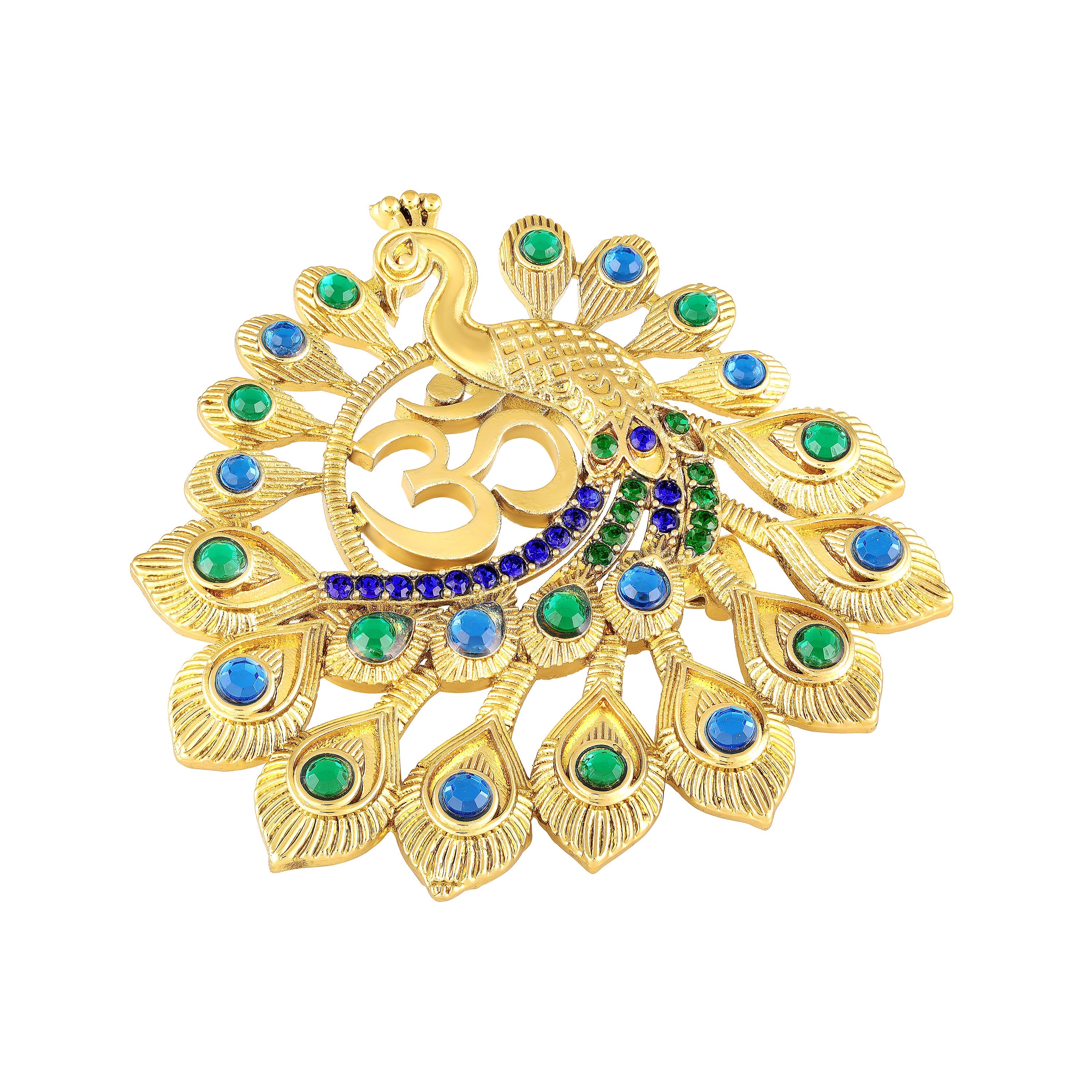 Mahi Om Peacock-Shaped Gold Plated Designer Brooch for Men & Women | Spiritual Peacock-Theme Pin with Blue & Green Crystals (BP1101239G)