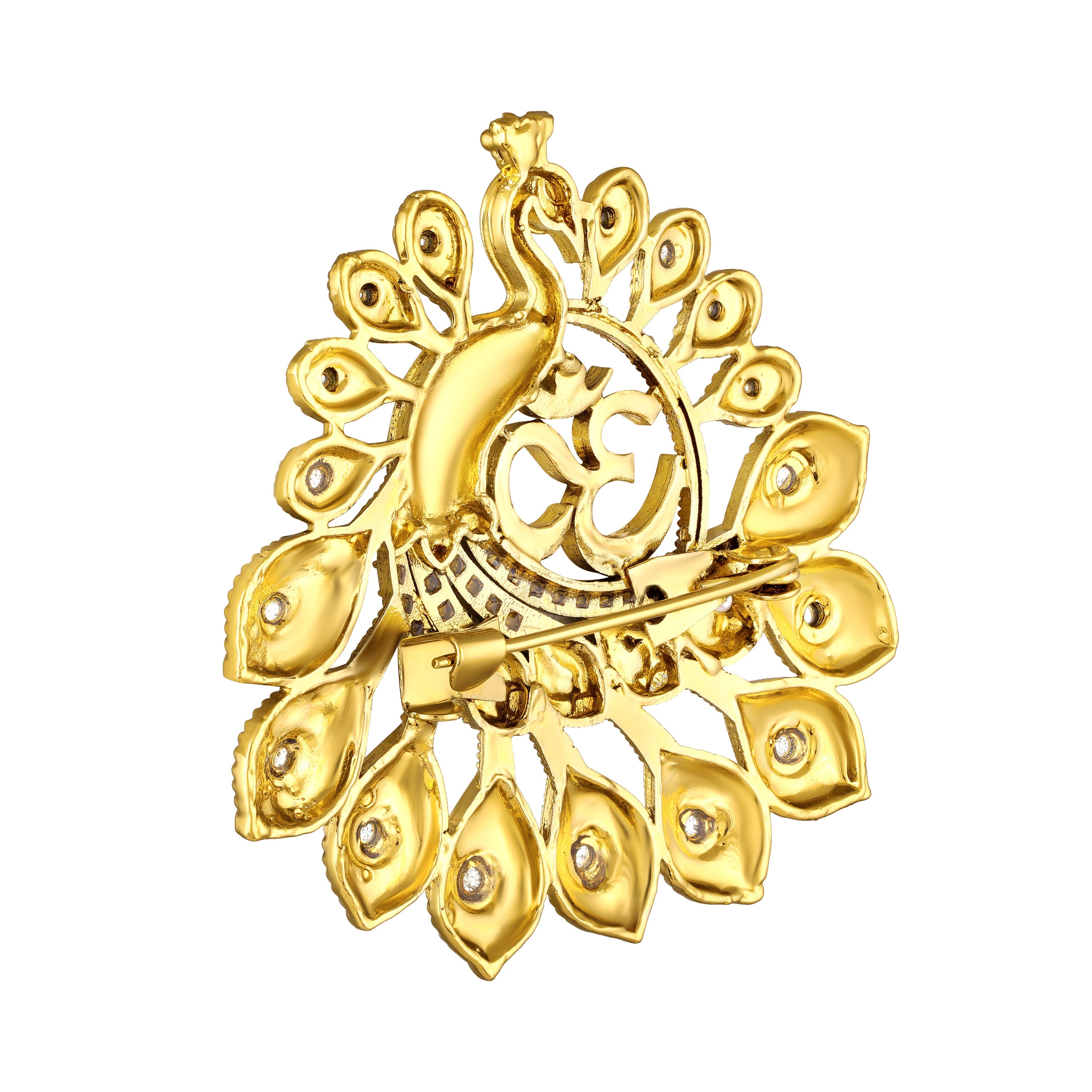 Mahi Om Peacock-Shaped Gold Plated Designer Brooch for Men & Women | Spiritual Peacock-Theme Pin with Blue & Green Crystals (BP1101239G)