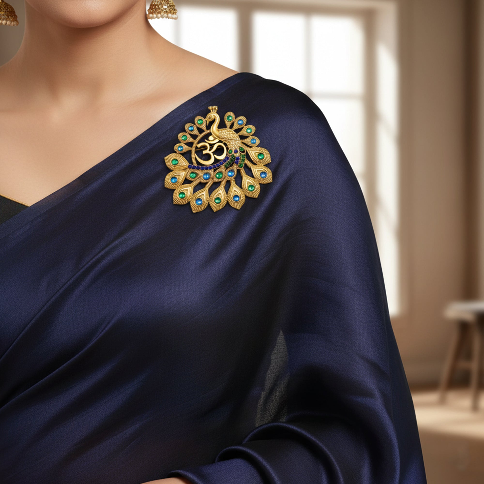 Mahi Om Peacock-Shaped Gold Plated Designer Brooch for Men & Women | Spiritual Peacock-Theme Pin with Blue & Green Crystals (BP1101239G)