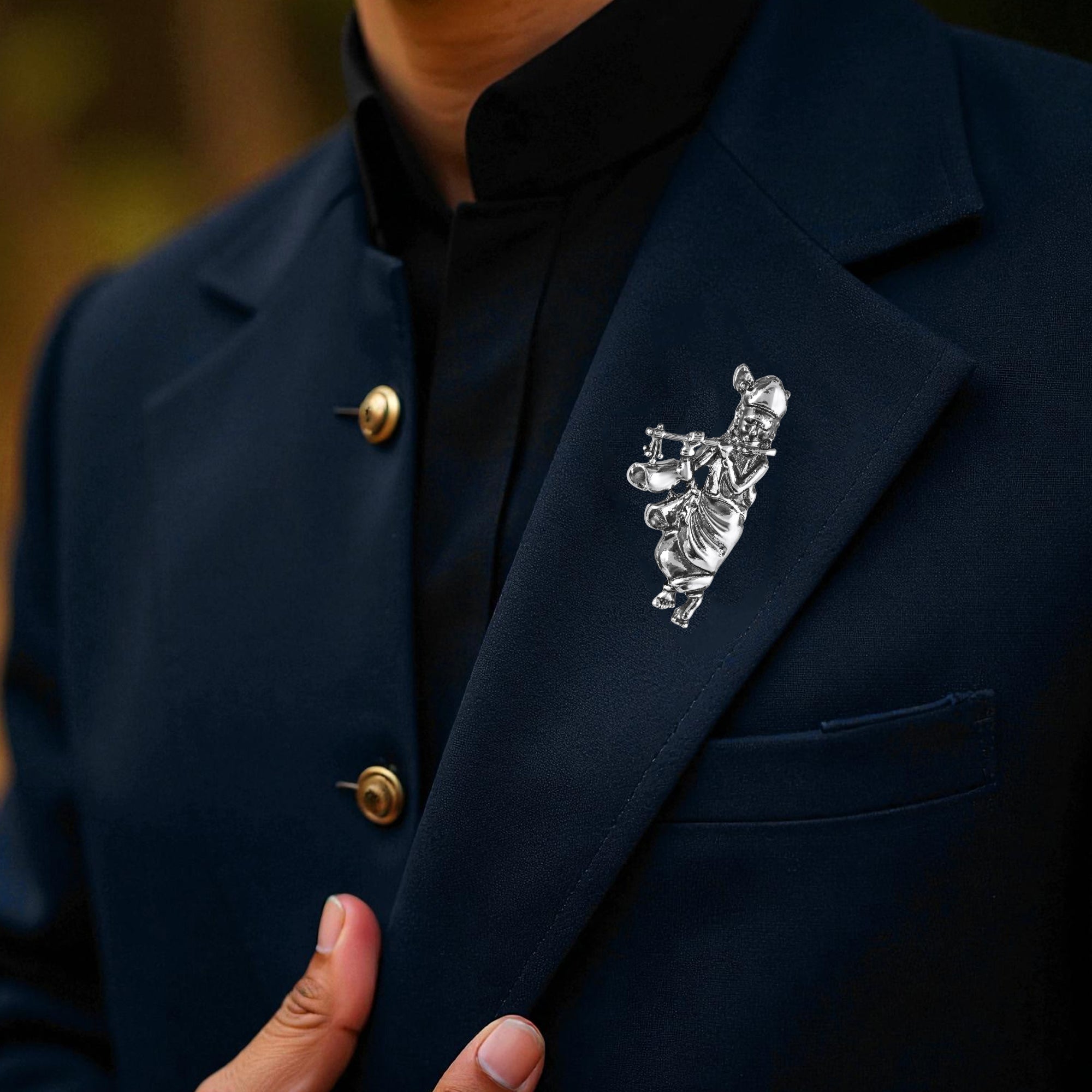 Mahi Divine Lord Krishna Flute Design Oxidised Rhodium Plated Unisex Brooch Pin | Ethnic Lapel Pin for Blazer, Kurta, Saree & Dupatta | Traditional Indian Jewelry (BP1101248R)